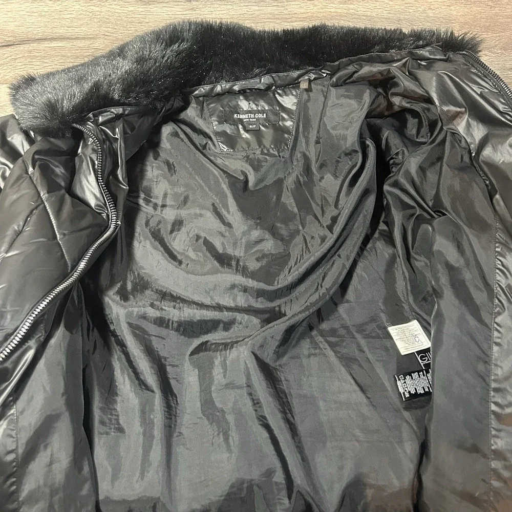 Kenneth Cole Women Silvery Mauve Black Puffer Jacket Hood Quilted Small Overcoat